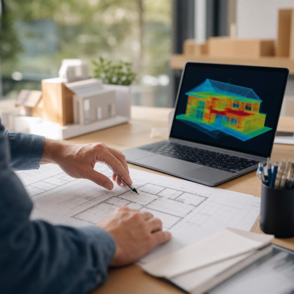 Ingénieur thermicien travaillant sur les plans et la simulation thermique d'une maison neuve