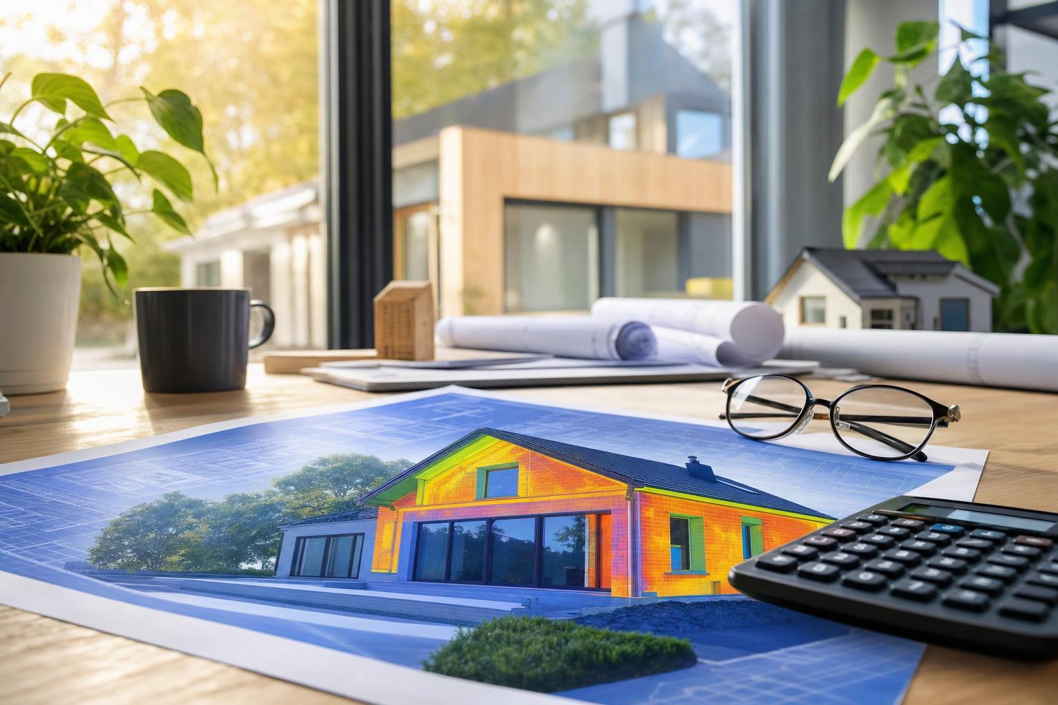 Plans d'architecte d'une maison neuve posés sur un bureau, préparés pour le calcul du Bbio avant dépôt du permis de construire