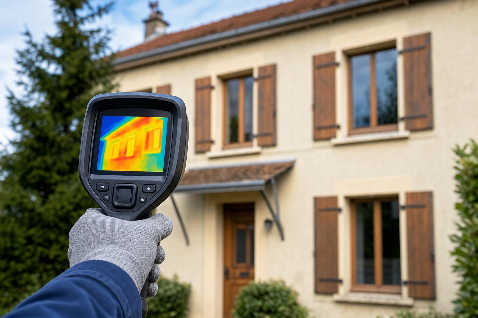 Auditeur énergétique inspectant la façade d'une maison individuelle avec une caméra thermique