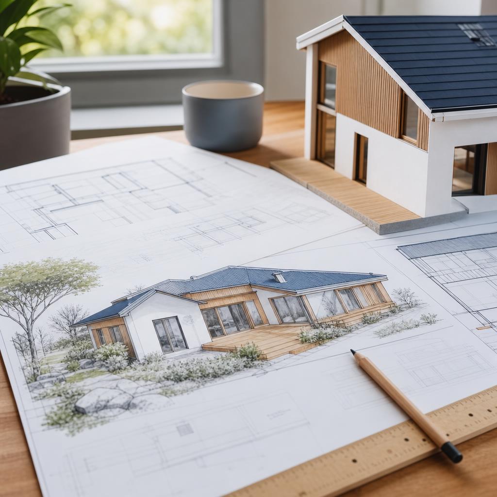 Plans d'architecte et croquis de conception bioclimatique d'une maison neuve sur une table de travail