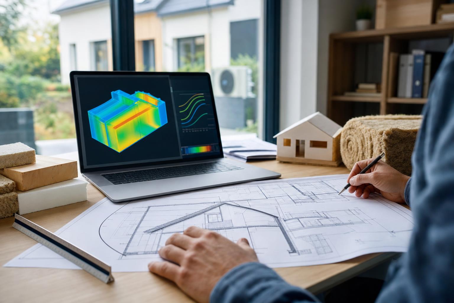 Ingénieur thermicien étudiant les plans d'une maison individuelle dans un bureau lumineux