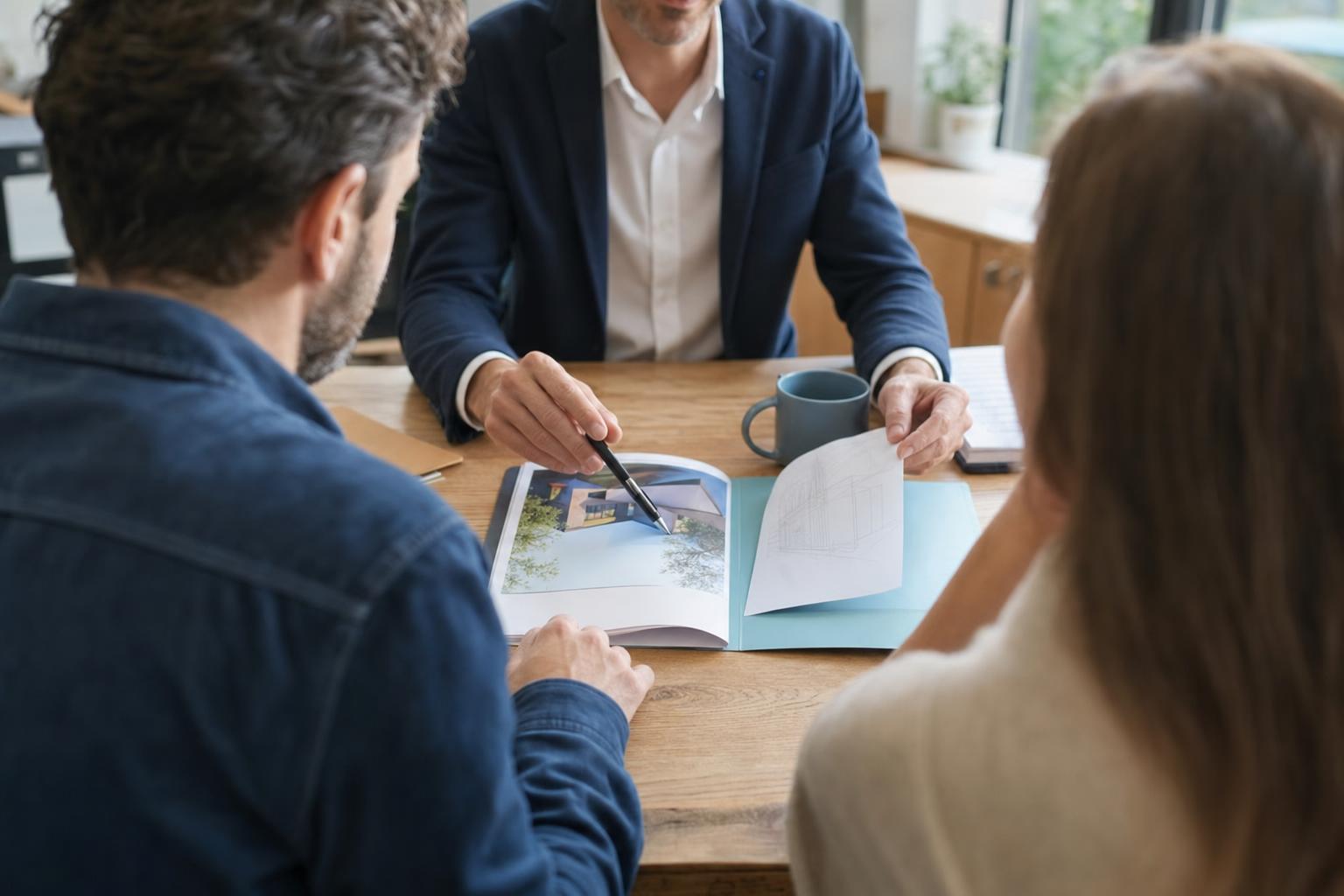 Conseiller expliquant un dossier d'aides à la rénovation énergétique à un couple de propriétaires autour d'une table
