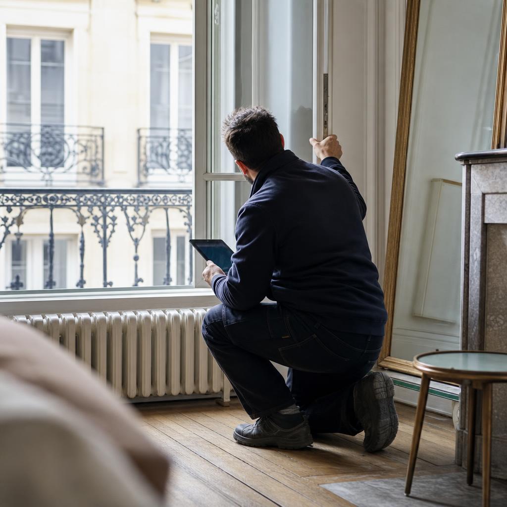 Diagnostiqueur inspectant une fenêtre et un radiateur dans un logement existant