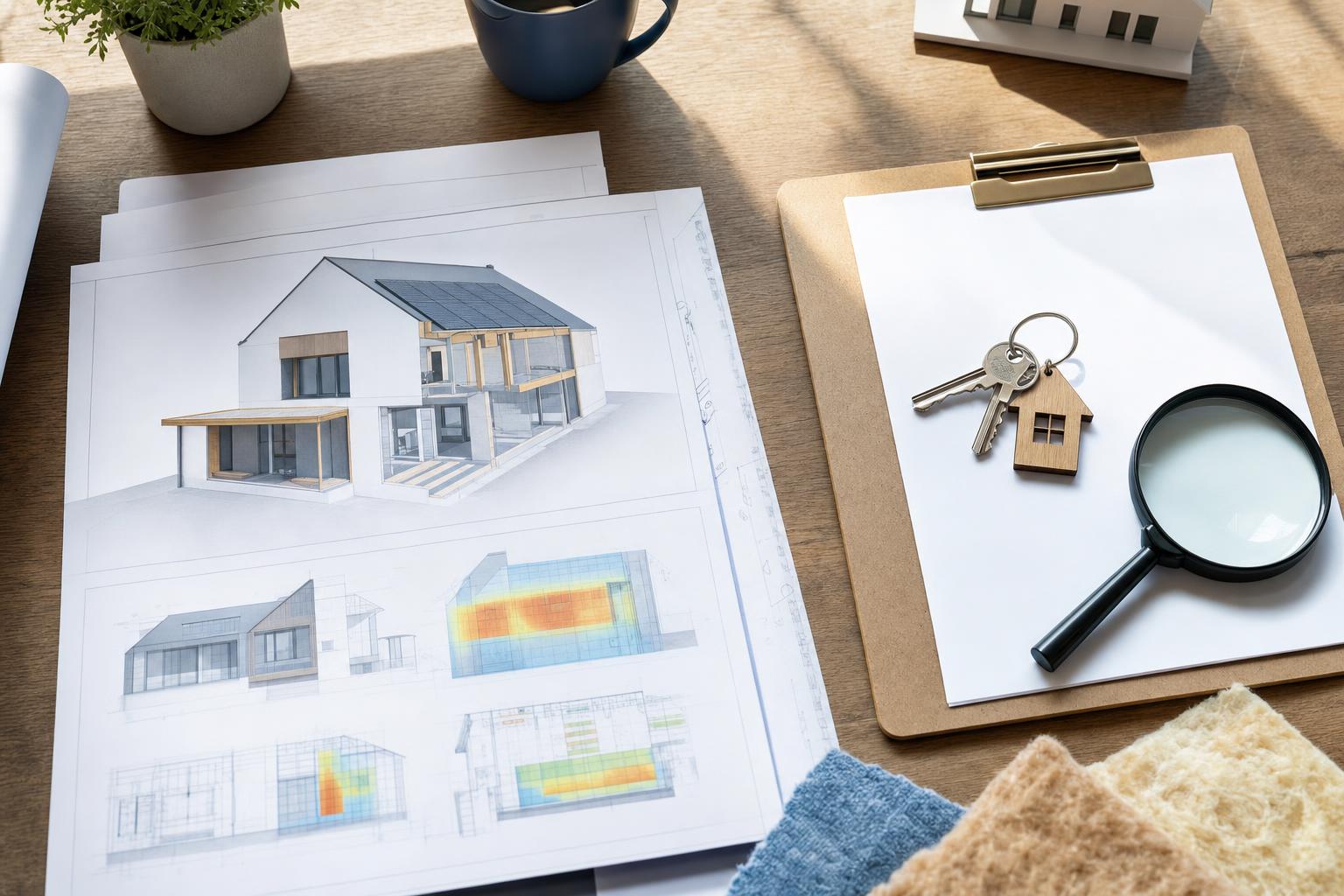 Plans thermiques d'une maison neuve posés à côté des clés d'un logement existant
