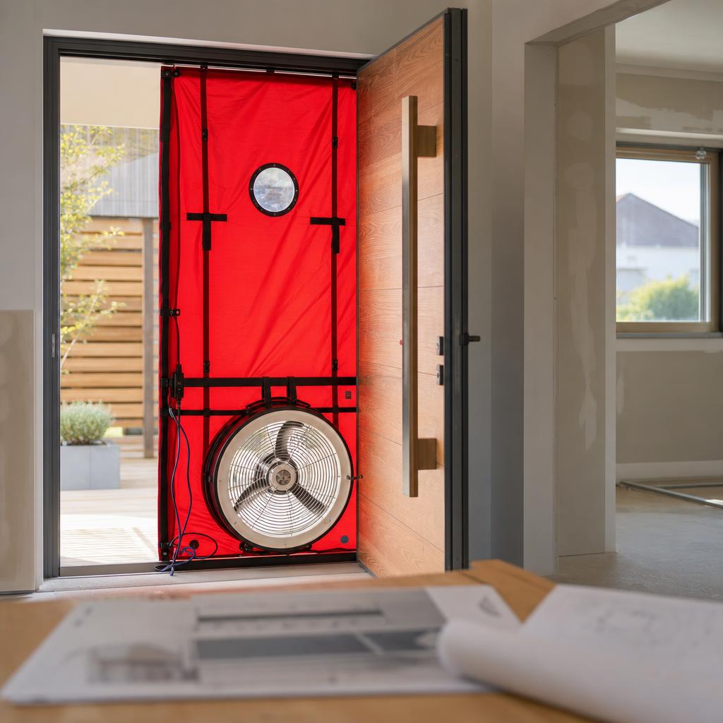 Test d'étanchéité à l'air installé sur la porte d'entrée d'une maison neuve