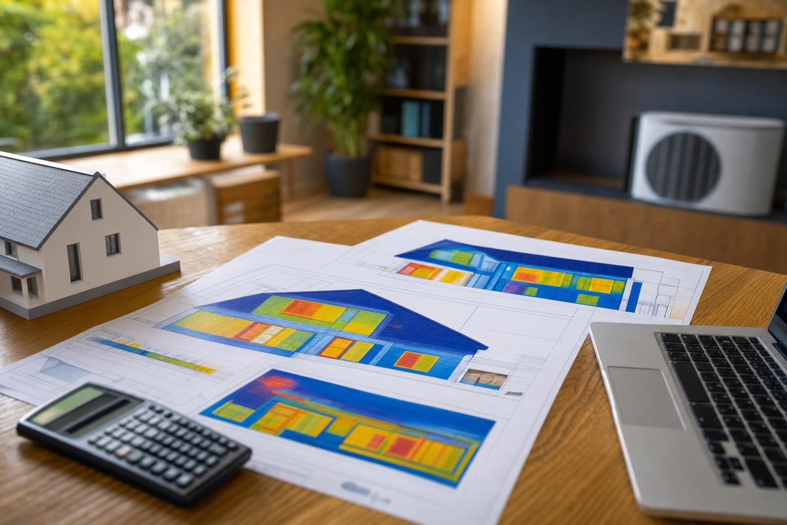 Plans d'une maison neuve et calculs d'étude thermique RE2020 posés sur un bureau
