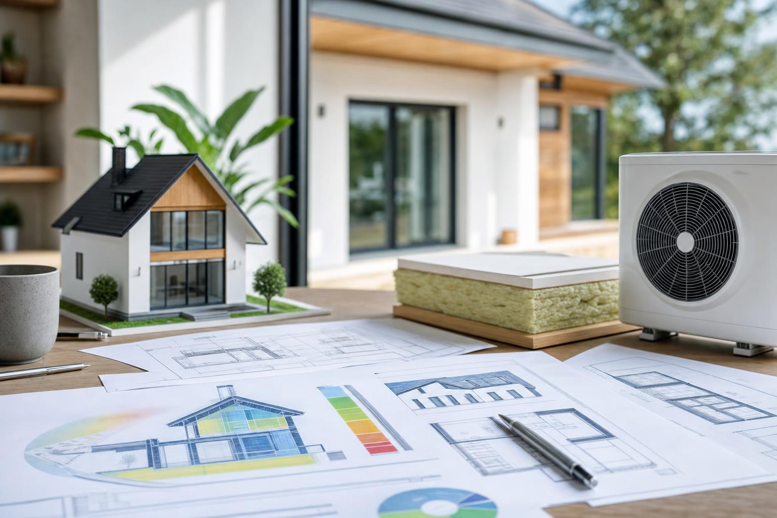 Plans thermiques d'une maison neuve avec pompe à chaleur et isolation