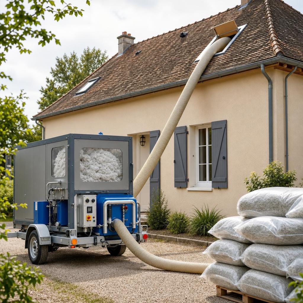 Machine à souffler la laine isolante installée devant une maison pendant un chantier d'isolation