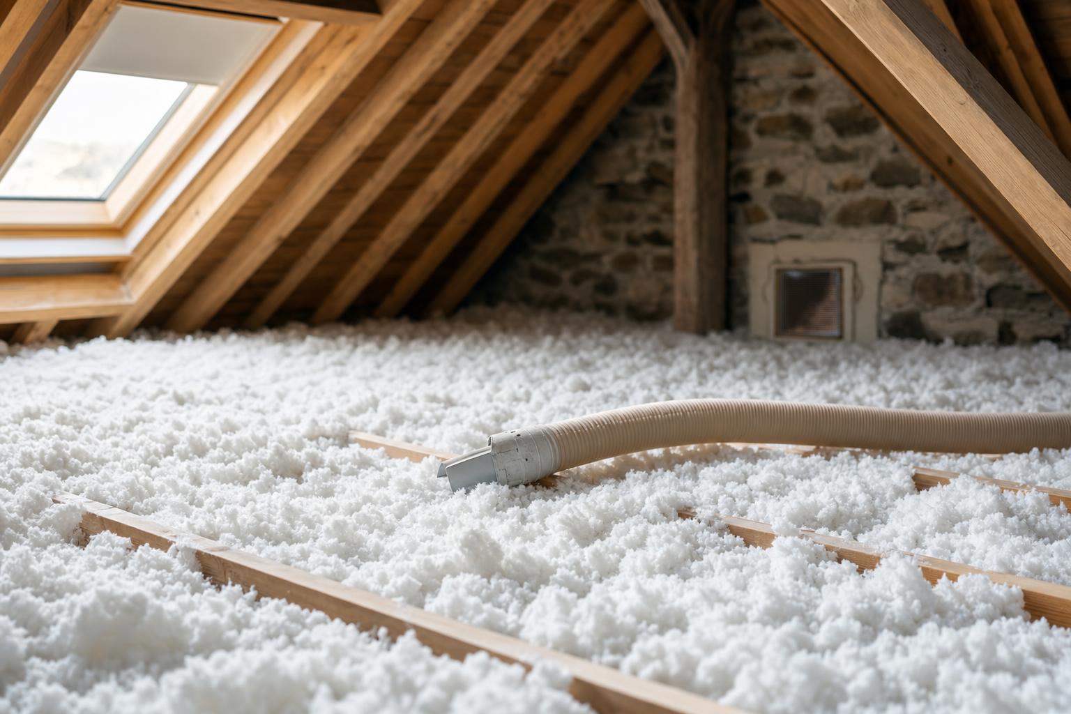 Laine isolante soufflée recouvrant le plancher de combles perdus dans une maison individuelle
