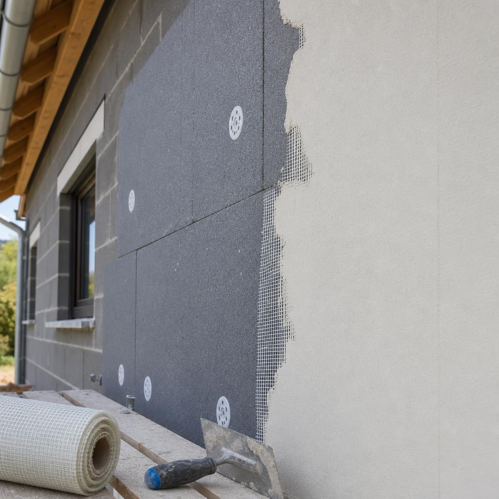 Détail de panneaux isolants fixés sur un mur avant application de l'enduit de façade