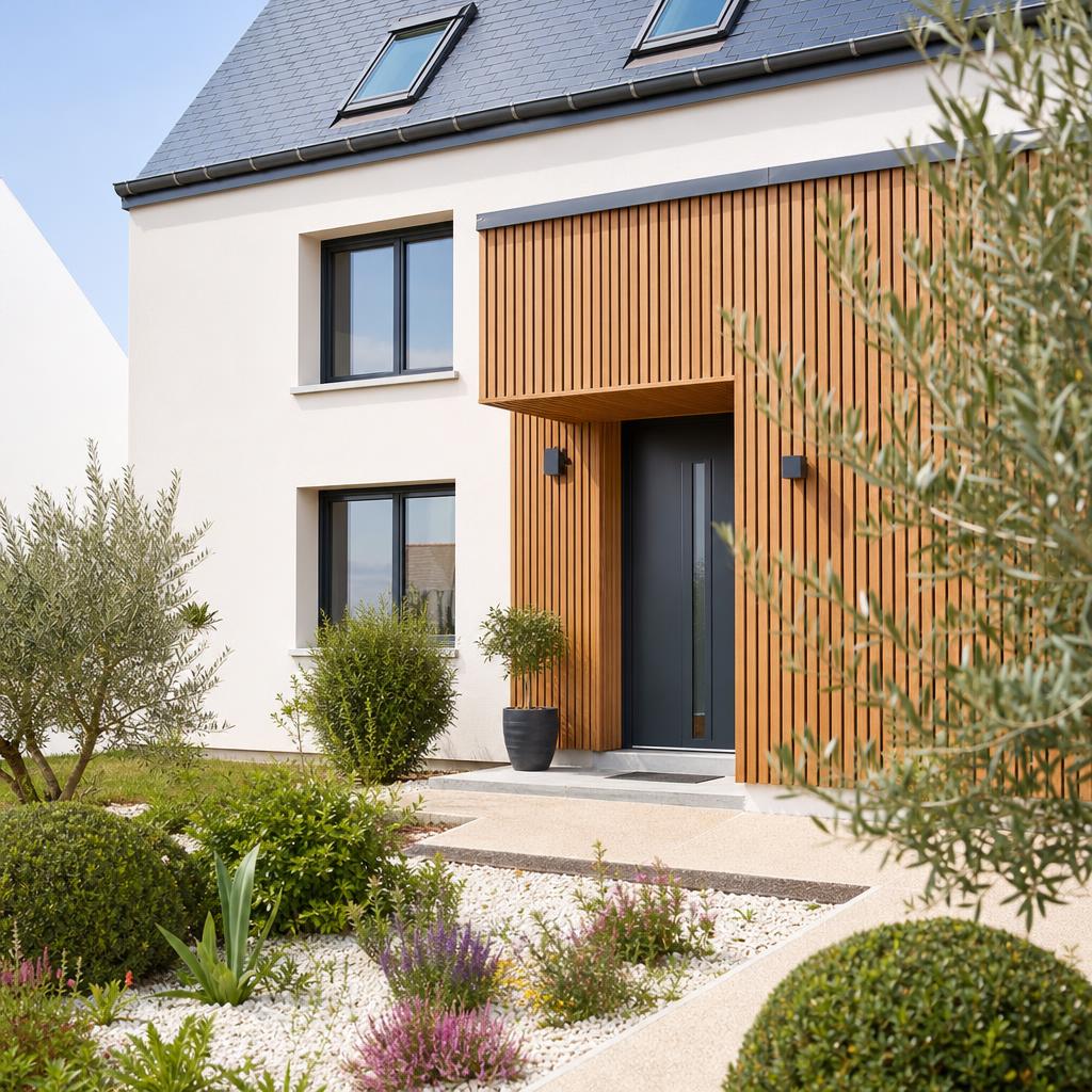 Façade de maison rénovée avec enduit clair et bardage bois après isolation par l'extérieur