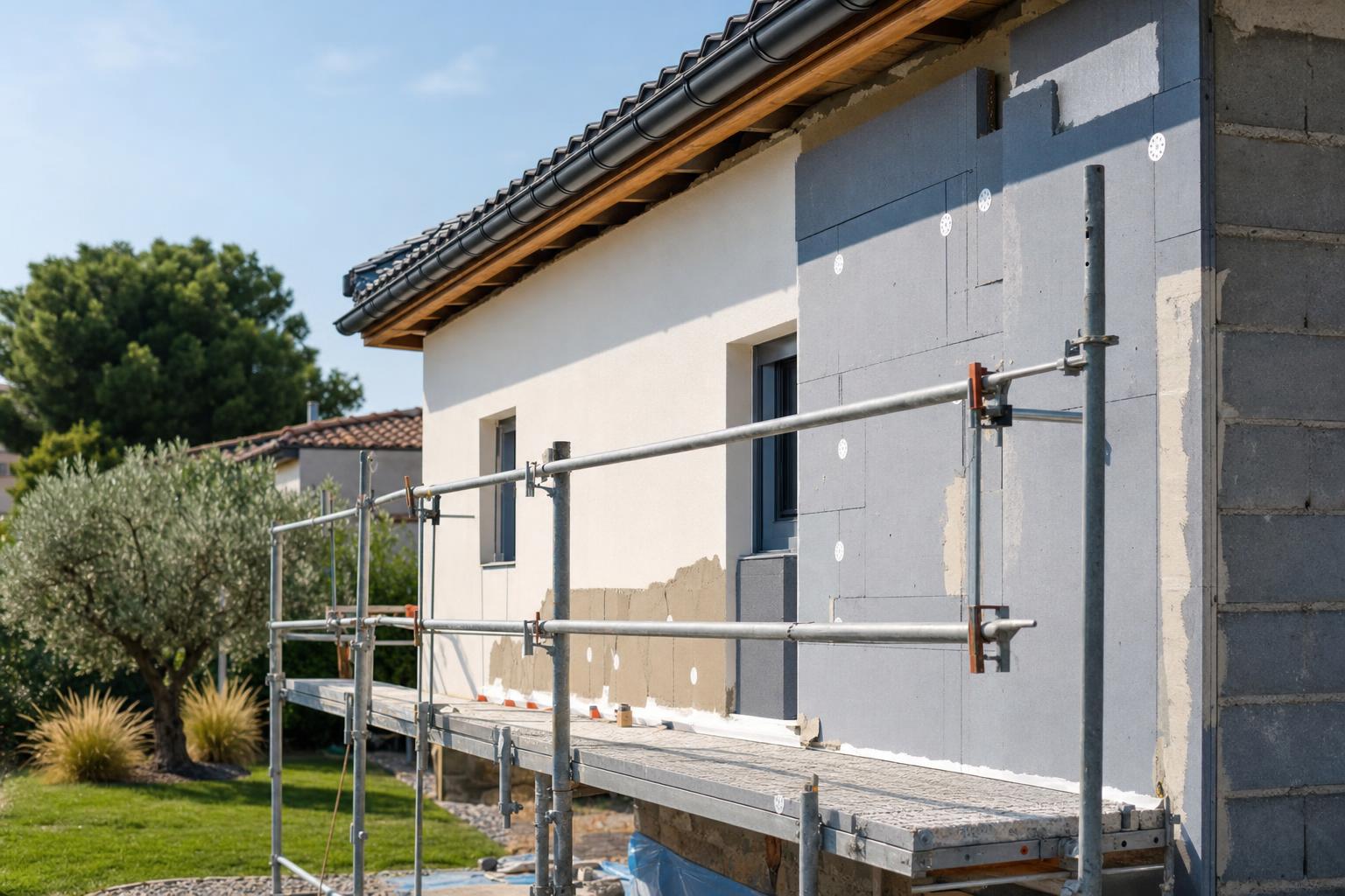Façade de maison en cours d'isolation thermique par l'extérieur avec panneaux isolants et échafaudage