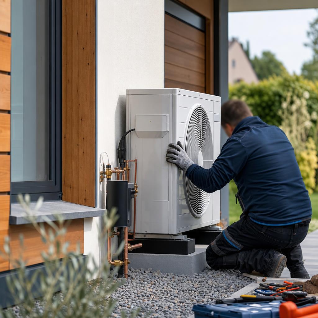 Artisan installant une unité extérieure de pompe à chaleur sur la façade d'une maison rénovée