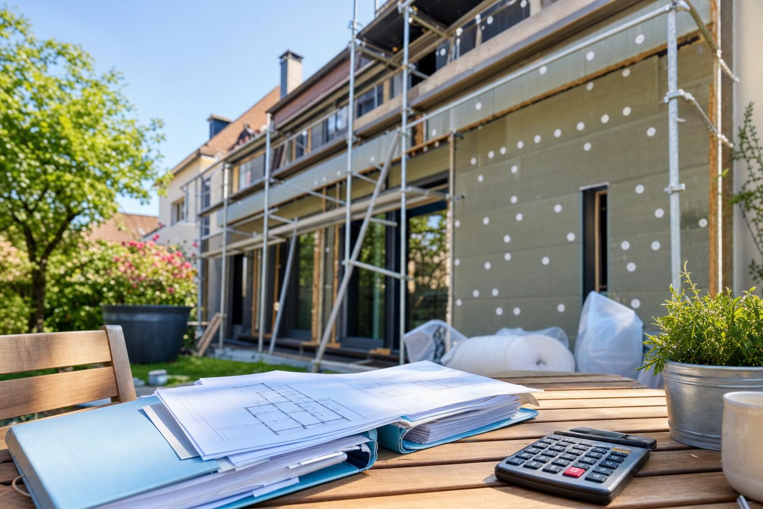 Maison individuelle française en cours de rénovation énergétique avec échafaudage et isolation de façade