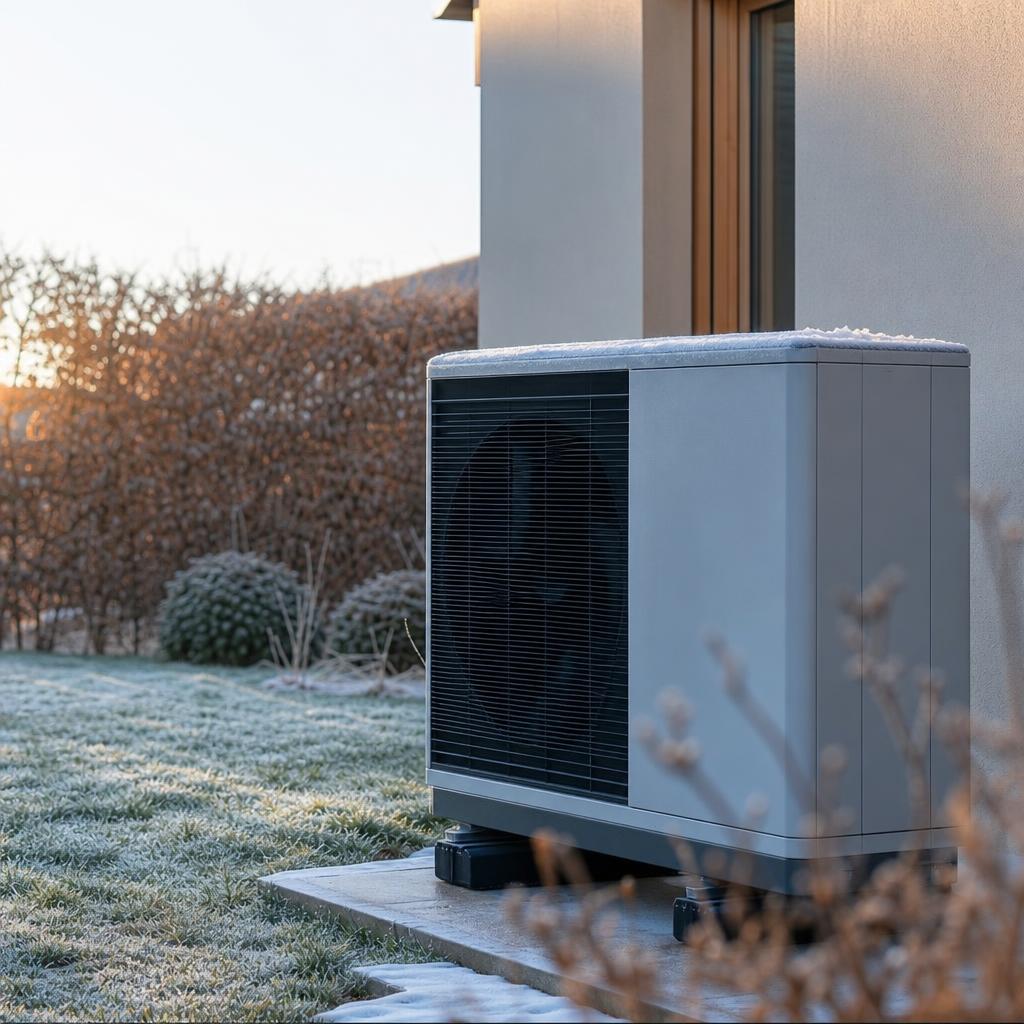 Unité extérieure de pompe à chaleur givrée un matin d'hiver dans un jardin