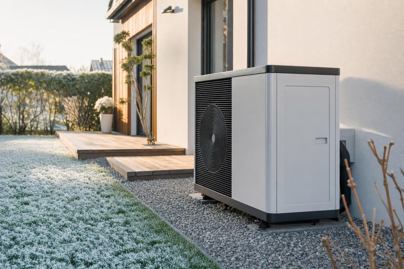 Unité extérieure de pompe à chaleur air-eau installée le long d'une maison individuelle française