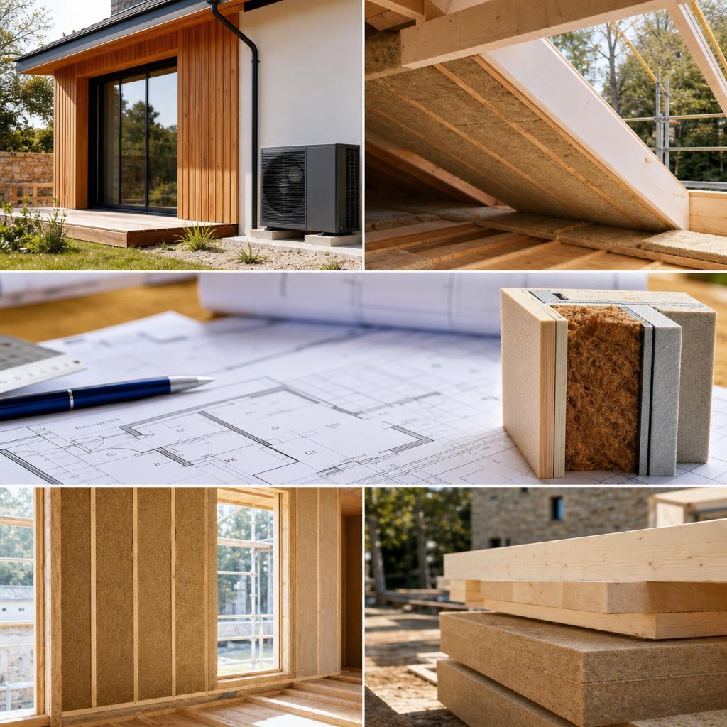 Matériaux biosourcés sur un chantier de maison neuve : ossature bois et panneaux isolants en fibre de bois