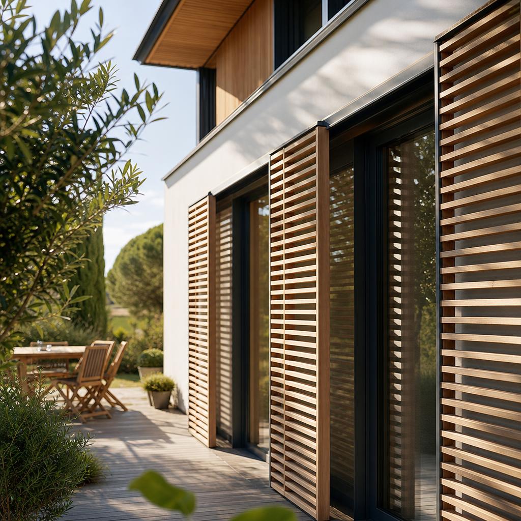 Façade de maison neuve avec brise-soleil et volets extérieurs pour le confort d'été