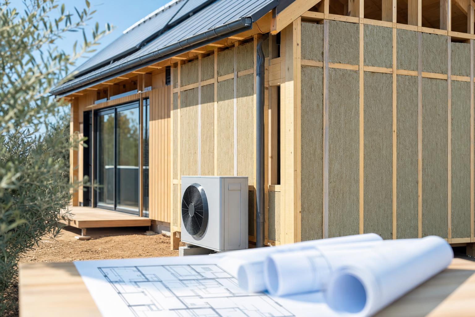 Maison individuelle neuve en construction avec isolation renforcée et pompe à chaleur, plans thermiques au premier plan