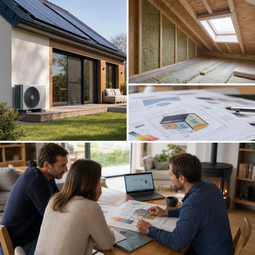 Conseiller en rénovation énergétique présentant un plan de travaux global à des propriétaires dans leur salon