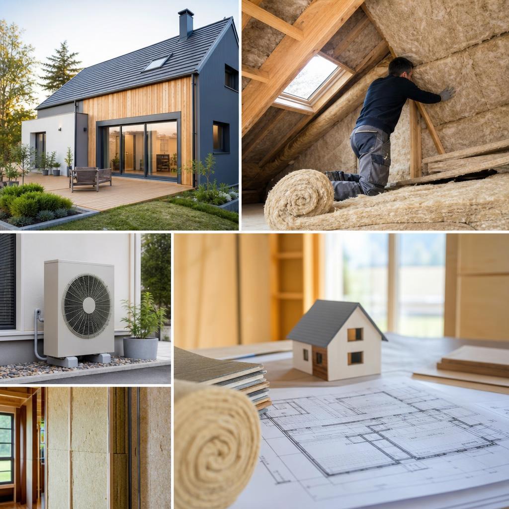 Artisan installant de l'isolant dans les combles d'une maison, première étape d'une rénovation énergétique