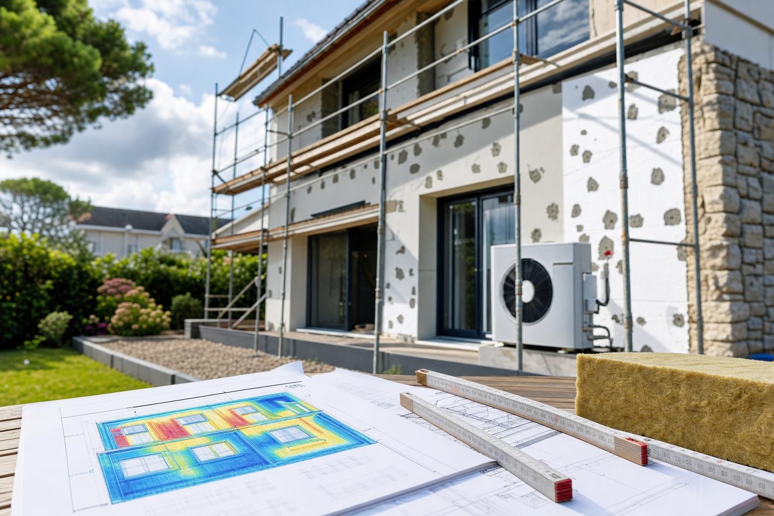 Maison individuelle française en cours de rénovation énergétique complète, avec échafaudage et plans posés au premier plan