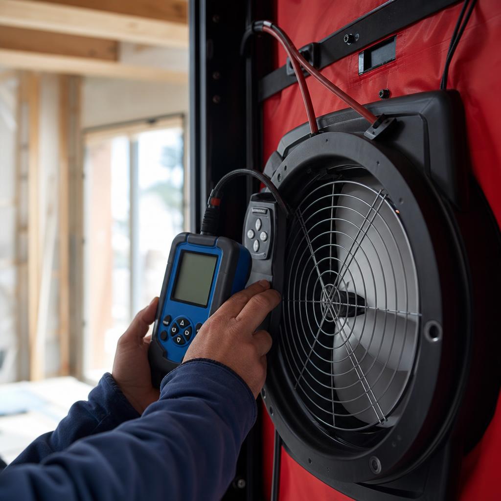 Ventilateur calibré et manomètre numérique pendant une mesure d'étanchéité à l'air