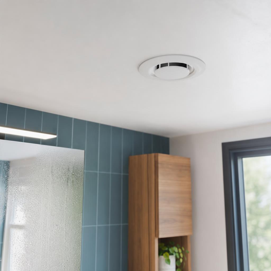 Bouche d'extraction d'une VMC simple flux au plafond d'une salle de bains