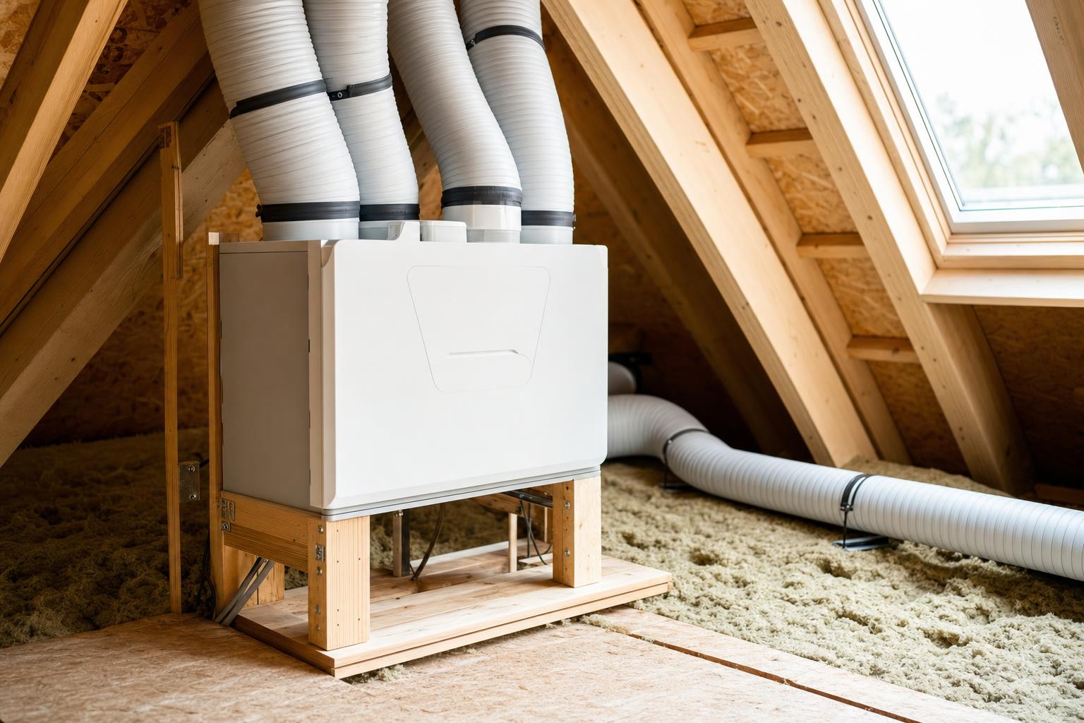 Caisson de VMC double flux et ses gaines isolées installés dans les combles d'une maison